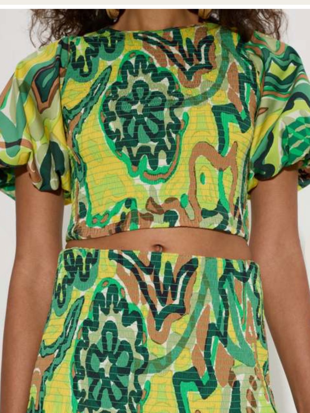 Simon Miller Poplin Vida Yellow Green Multicolor Puff-Sleeve Smocked Crop Top